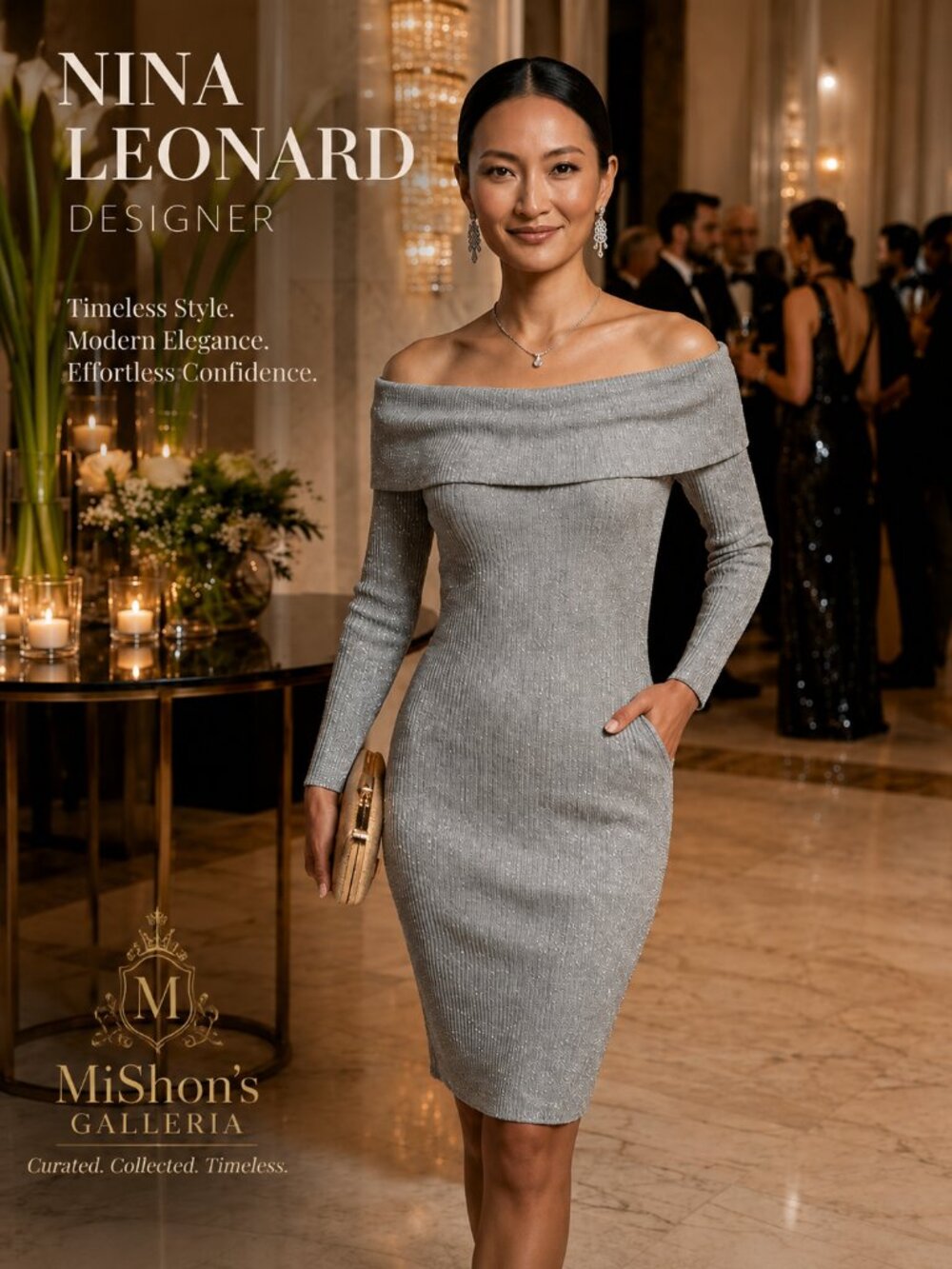 Nina Leonard Silver Metallic Off-Shoulder Cocktail Dress M NEW | Evening Glam